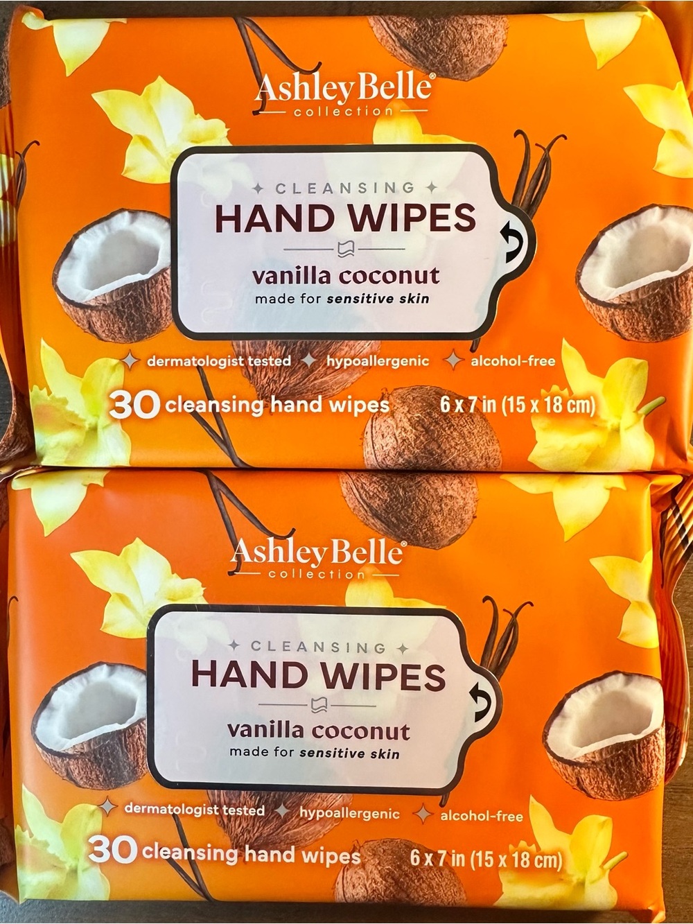 Ashley Belle Hand Wipes 30/Pk Vanilla Coconut Alcohol-Free Hypoallergenic 2pk